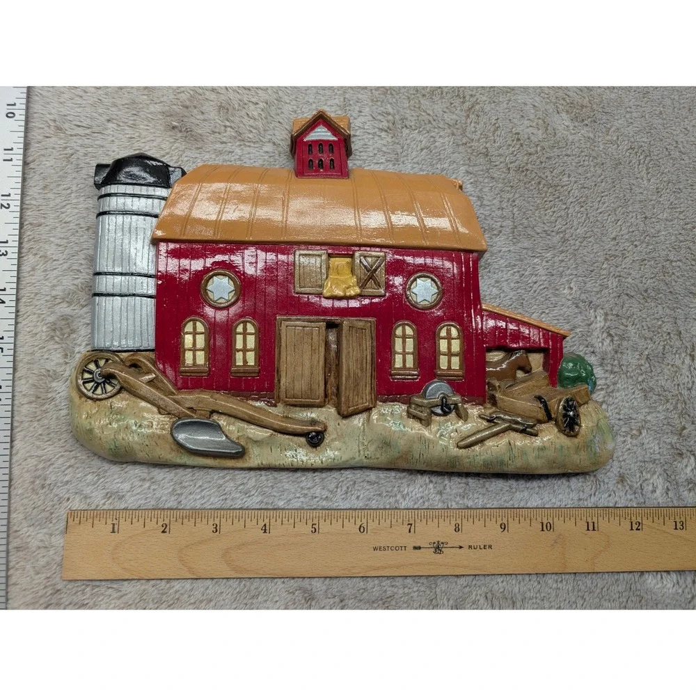 Vintage Farmhouse Barn & Country House Chalkware Wall Plaques Hand Painted Pair